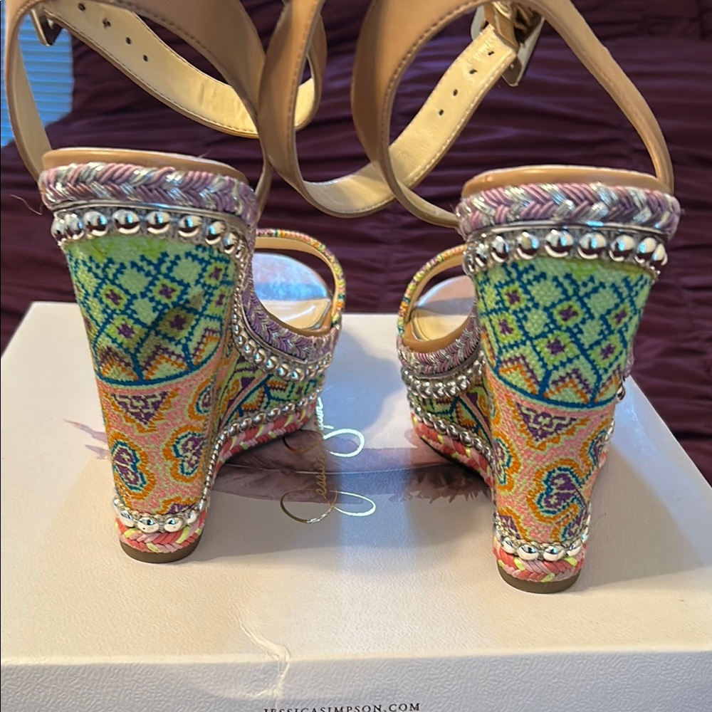 Jessica Simpson Beige Wedge Sandals with Crystal Embellishments - Picture 5 of 10